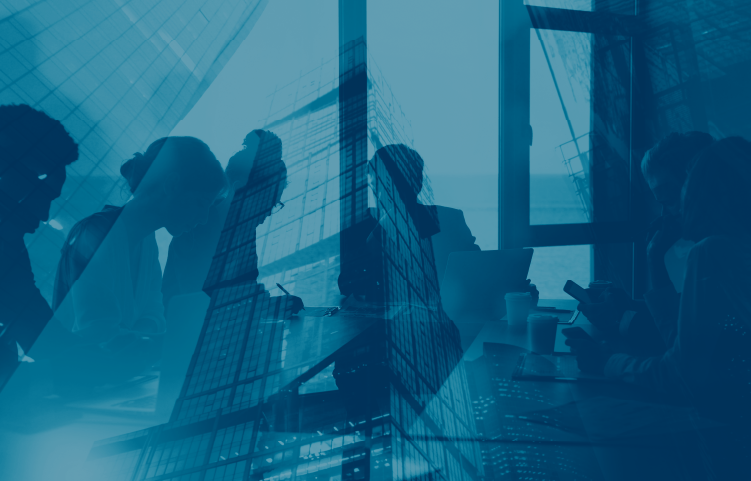 blue duotone graphic of people in office